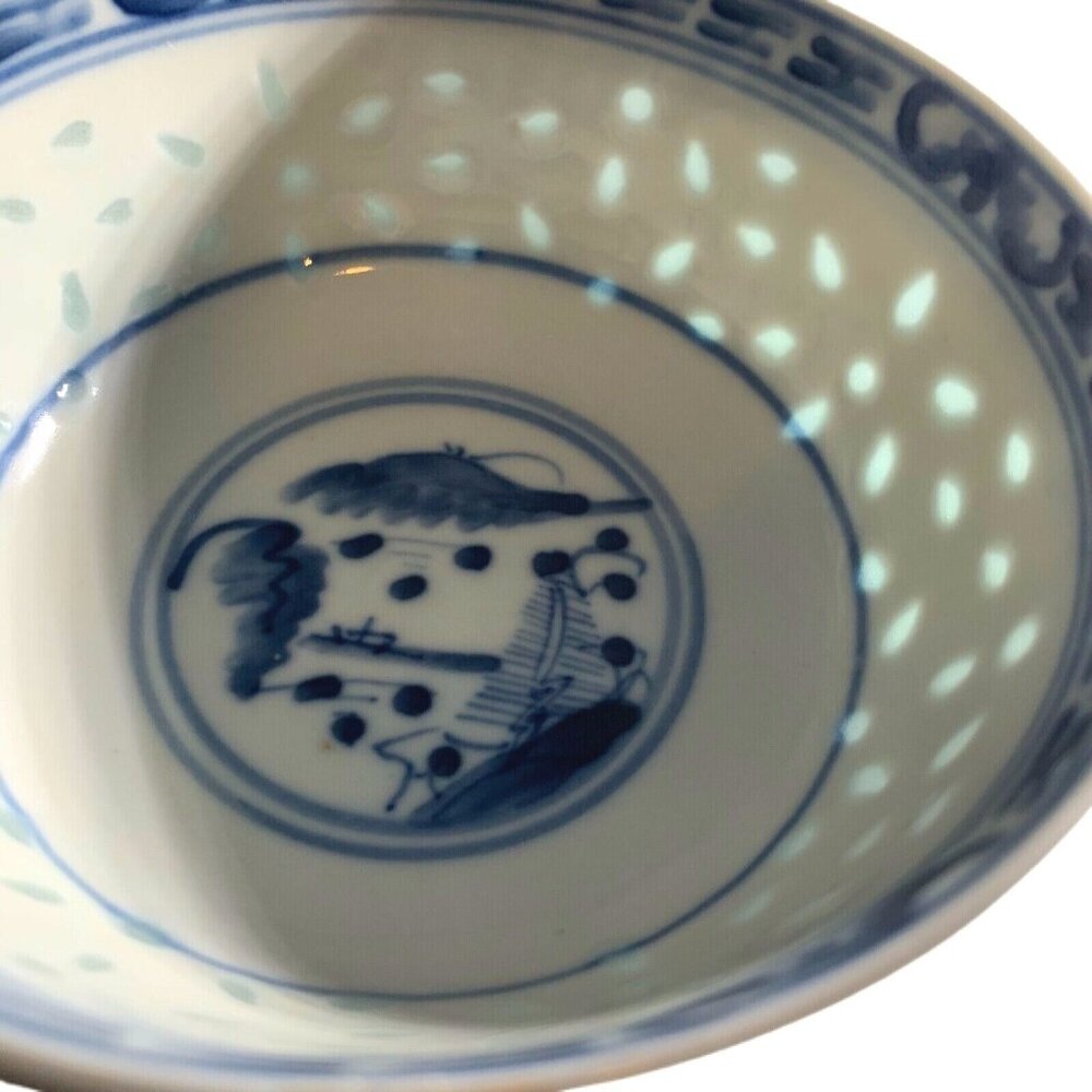 Chinese Rice Eye Grain Bowl Blue White Porcelain Spoon Set Translucent - Picture 3 of 11